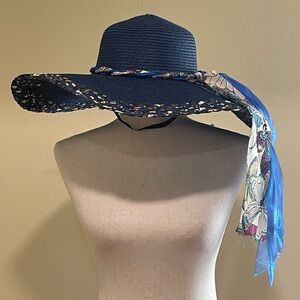 Women’s Floppy Beach Vacation Sun Hat With Scarf Band Summer Blue Multi OS